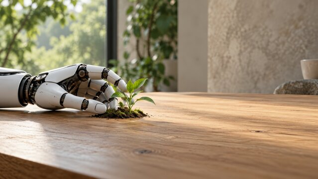Close up white robotic hand gently touching small green seedling plant on wooden table surface sustainability concept