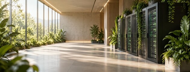 Fototapeta premium Modern sustainable data center with green indoor plants and sunlight in office eco friendly data center design featuring server racks and indoor greenery