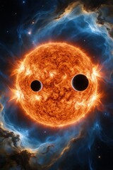 Fototapeta premium Glowing orange sun shines in dark space. Two dark planets transit across fiery star surface. Colorful nebula clouds surround bright cosmic sphere. Vibrant galaxy background shows swirling gas,