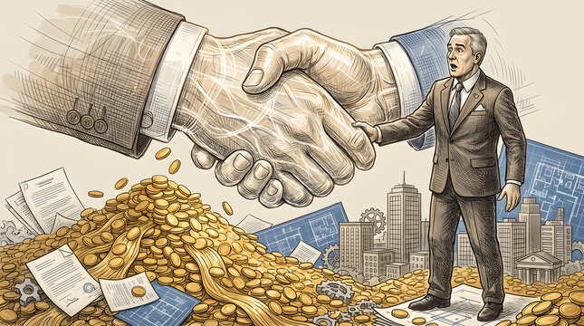 Surreal business concept of a shocked businessman watching a giant handshake between a corporate exe
