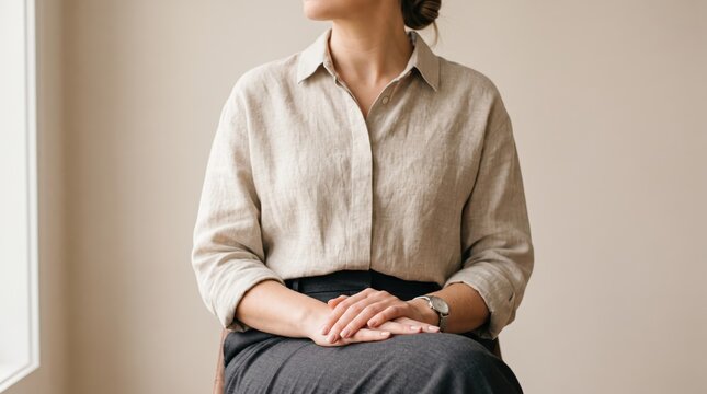 Female executive sitting in office chair wearing beige linen shirt and grey skirt, hands clasped on lap, professional business attire, corporate environment, career success and