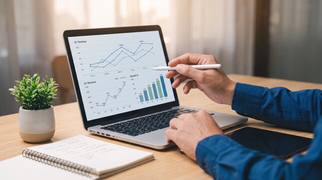 Business analyst reviewing financial charts and graphs on laptop screen while holding stylus, analyzing market trends, data interpretation, strategic planning session, investment