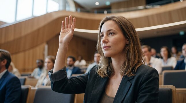 Young woman raising hand in a modern conference hall during a presentation or lecture