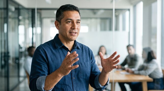 Confident businessman gesturing while leading a meeting in a modern office with colleagues blurred in the background