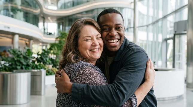 Diverse colleagues share a warm embrace and genuine laughter in a modern office atrium