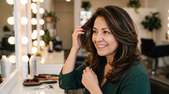 Mature Woman Smiling and Touching Her Hair in a Salon with Vanity Mirror Lights