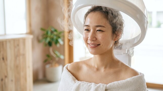 Young Asian Woman Smiling Under Hair Steamer in Salon for Beauty Treatment and Hair Care