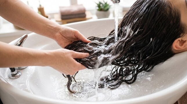 Hairdresser washing client's long dark hair with shampoo and water in a salon sink
