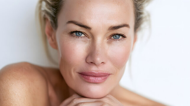 attractive, gorgeous, mature, older woman looking at camera, isolated on white background, advertising skincare spa treatment, mid-age tightening face skin care rejuvenation cosmetics concept, portrai