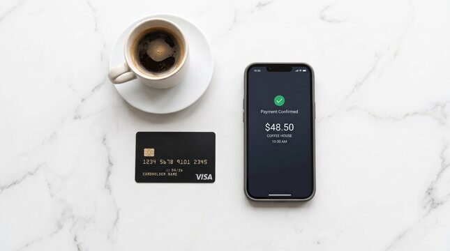 Flat lay of smartphone showing payment confirmed notification next to black credit card and cup of coffee on white marble table representing mobile banking and contactless
