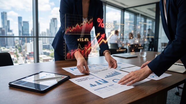 Two business professionals reviewing financial reports and discussing growth strategies over a table with tablets and documents, overlaid with augmented reality stock market