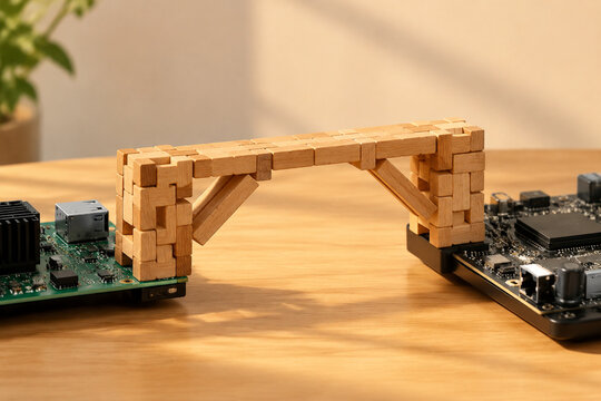 Wooden block bridge connecting electronic components on a table.