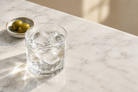 Glass of water with ice and olives on marble, fresh beverage concept