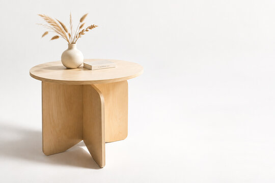 Birch veneer side table with ceramic vase and dried grasses, modern furniture and cozy interior style