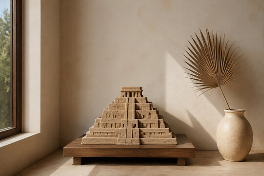 Miniature ziggurat sculpture with dried palm frond, ancient culture and home decor concept