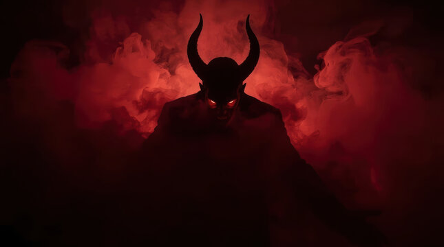 Menacing demonic silhouette emerging from dense red smoke in dark, cinematic scene