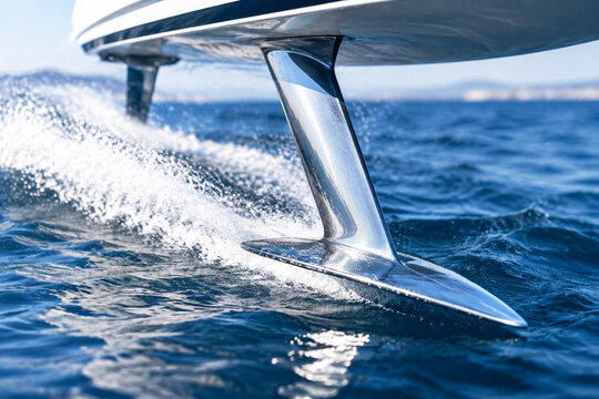 Close-up of a polished silver hydrofoil blade slicing through deep blue water.