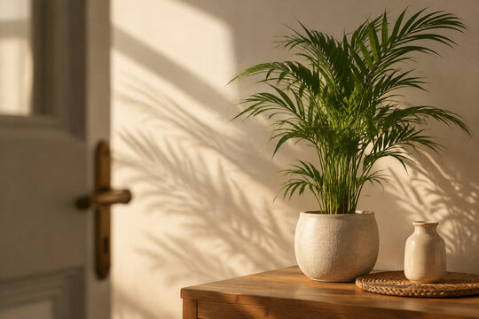 Potted palm plant beside open door frame, indoor greenery and warm sunlight concept