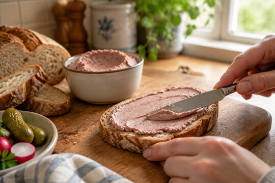 A knife spreading liverwurst onto a slice of bread on a wooden board in a warm kitchen.