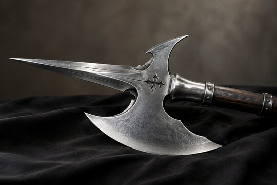 Medieval polearm with polished steel blade on dark cloth, historical weapon and craftsmanship concept