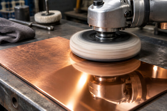 A metal polisher spins on a workbench, polishing a copper sheet to a shine.