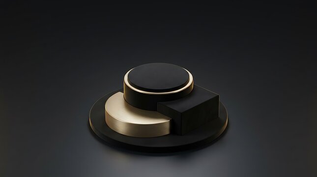Minimalist black and gold product podium with geometric shapes