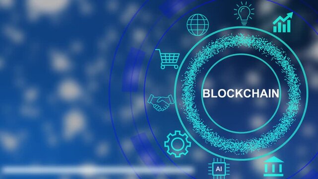 Futuristic digital background with glowing blue neon circles and icons symbolizing blockchain technology