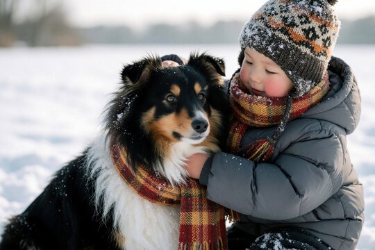 Little boy hugs collie dog in snowy winter park. Cute child wearing warm knit hat, scarf pets furry pet. Happy kid, loyal canine enjoy outdoor playtime together in cold season. Friendship between