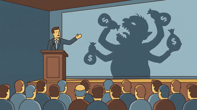 Businessman giving a speech while his shadow reveals a greedy monster holding money bags.