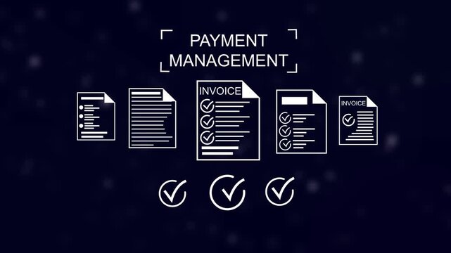 Digital payment management process invoices and checkmarks symbolizing approval and documentation accuracy Gluon. 4k animation video