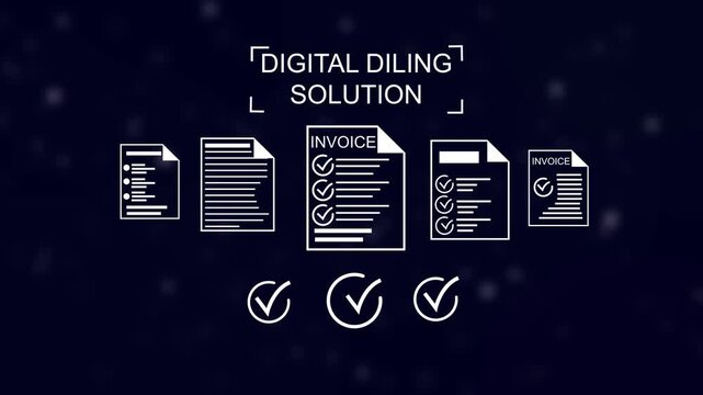 Digital digital dolling solution process invoices and checkmarks symbolizing approval and documentation accuracy Gluon. 4k animation video on blue background.