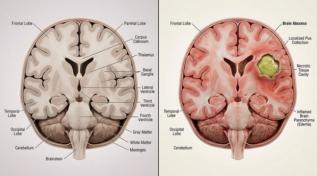 Human brain anatomy comparison healthy brain versus brain abscess two panel medical illustration showing pus collection and necrotic cavity