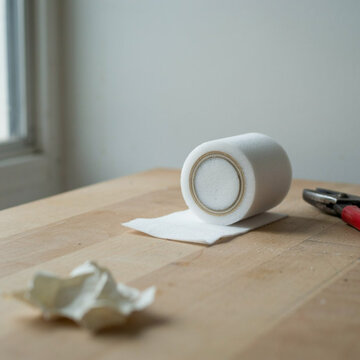 White foam insulation tape roll with a small piece of tape and crumpled paper on a table.
