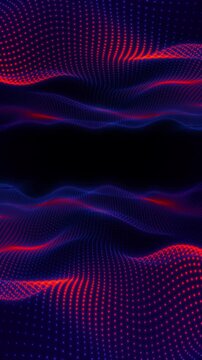 Aglow blue and pink dots flow through wavy space on black background. Cyberpunk data motion, fractal mirrored waves, vertical video, 4K loop.