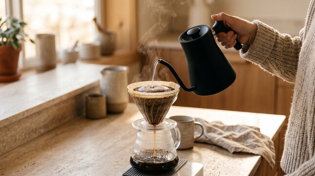 Person pouring water into dripper in a cozy home kitchen during a quiet coffee ritual. Solo Living and Micro Moments with pour over brewing, slow morning routine, and mindful domestic comfort.  