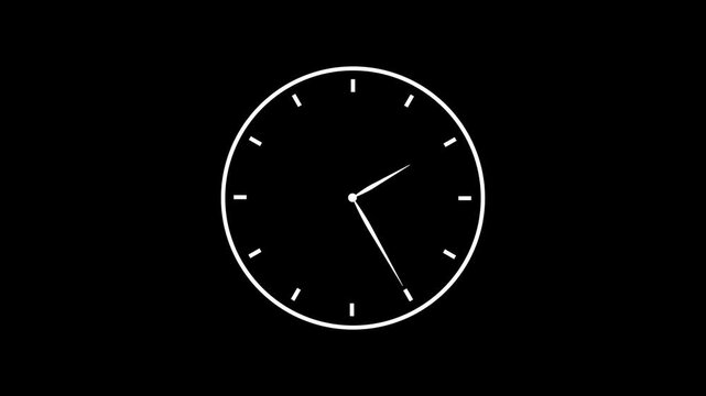 Animated analog clock icon with continuously rotating hands, circular timer design, and a 12-hour clock face on a dark background. 4K seamless motion graphic for timing, duration, countdown, and time 