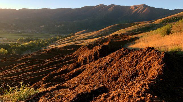 Regenerative Farm Compost Windrow Glowing Warm Under Morning Light