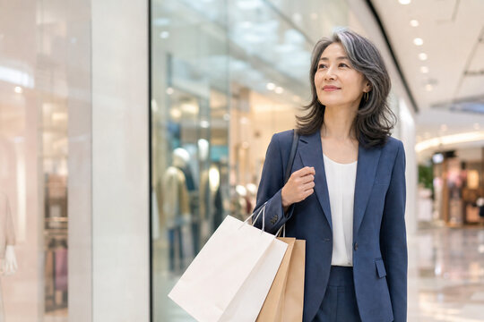 ショッピングモールで紙袋を持って歩く中高年女性