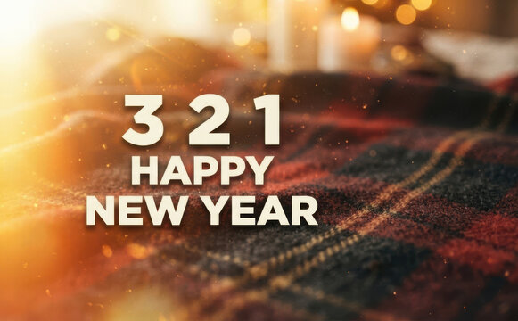 3 2 1 Happy New Year celebration text on cozy plaid blanket with candles and warm glowing lights