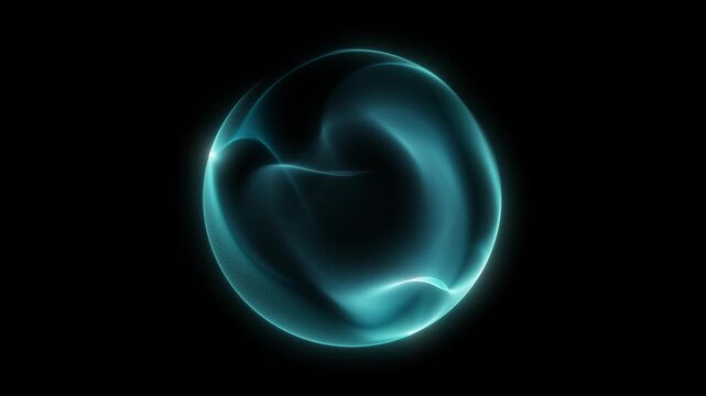 Looped glass orb blue and white on isolated black background. Turquoise swirling smoky texture sphere soft rim light. Deep water sphere gentle glow. Minimalist abstract 3D ball black background.