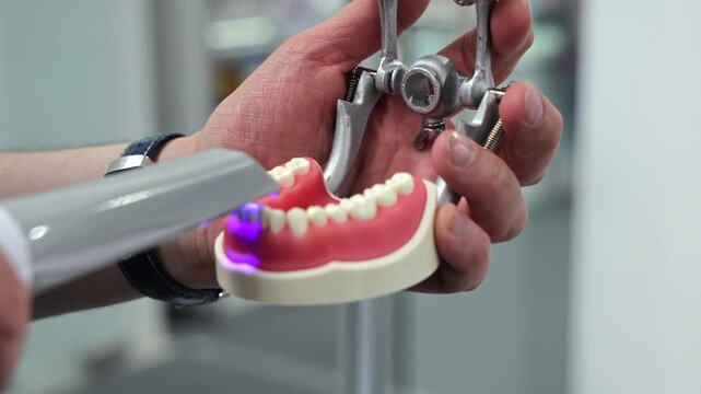 Dental specialist scans a jaw model with a handheld device in a bright hall, Digital imaging tool maps artificial teeth for restorative planning