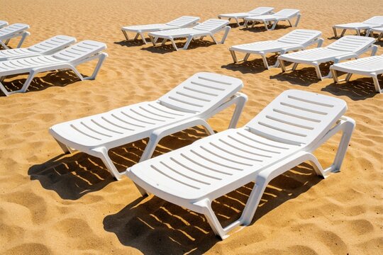 White plastic sunbeds stand on sandy beach under bright sun. Empty loungers arranged in rows for summer vacation. Peaceful resort shore with warm sand, sea view. People relax on seaside deck chairs