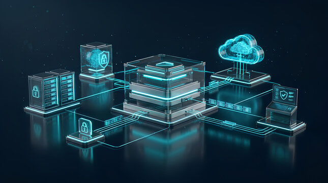advanced data protection infrastructure featuring cloud technology and secure servers with interconnected digital elements