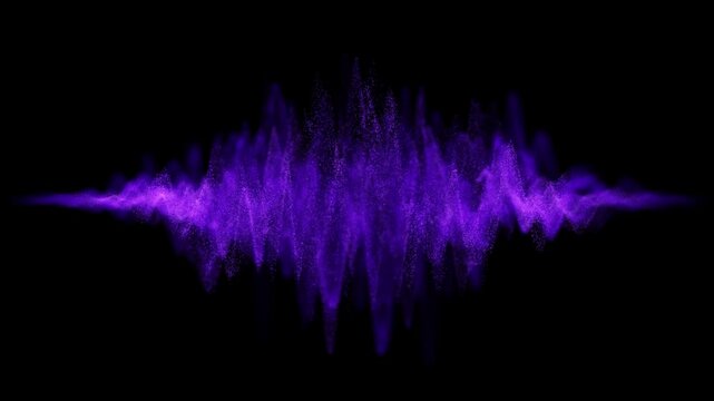 Purple particles create noise on black background. Glowing violet particle cloud forms a jagged sound wave pattern. Abstract digital energy burst, 4K seamless loop.