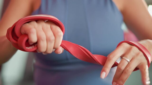 Woman performs fitness routine using bright red resistance band. Her focused grip on elastic material highlights hand strengthening exercises within indoor gym setting