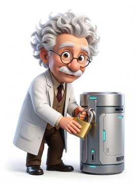 Scientist Mascot Securing Server Data Storage with Brass Padlock for Regulatory Compliance