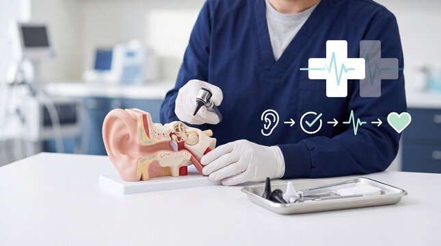Doctor holding an otoscope while examining an anatomical ear model in a medical office setting