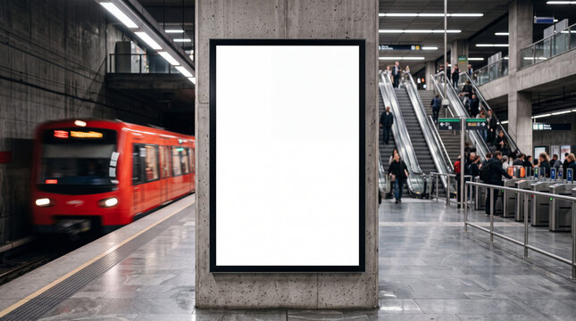Mockup Blank advertising billboard mockup on a subway station platform with a passing train
