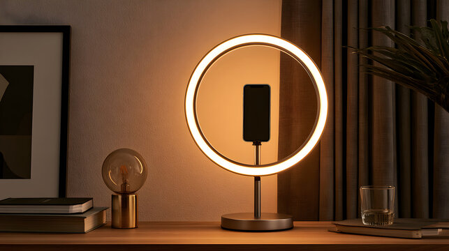 Ring Light Glowing Warm Beside A Smartphone Mounted On A Stand