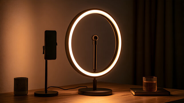 Ring Light Glowing Warm Beside A Smartphone Mounted On A Stand